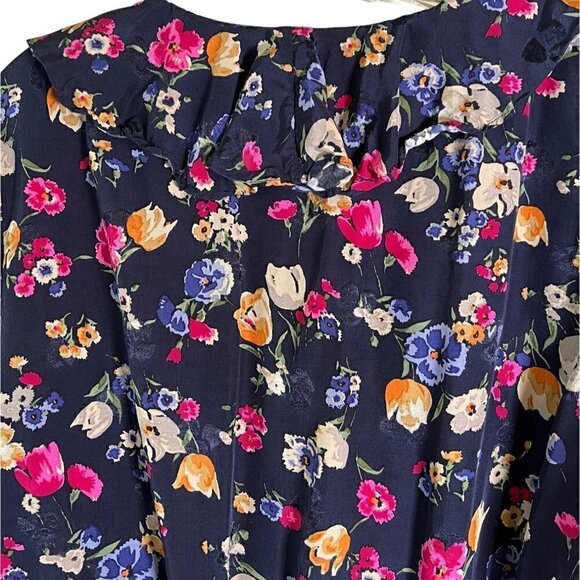 Lauren Ralph Lauren Navy Floral Women's Size Large V-Neck Ruffle Top - Picture 10 of 11
